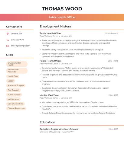 Public Health Officer Resume