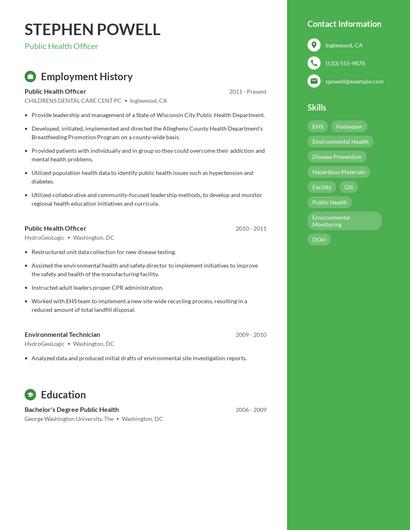 Public Health Officer Resume