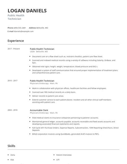 Public Health Technician Resume