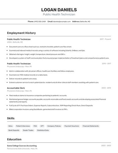 Public Health Technician Resume