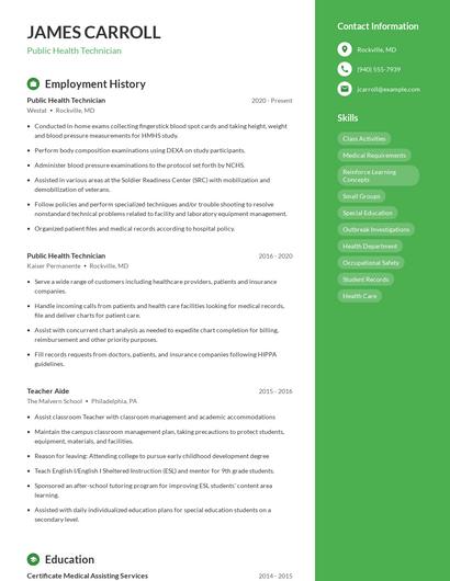 Public Health Technician Resume