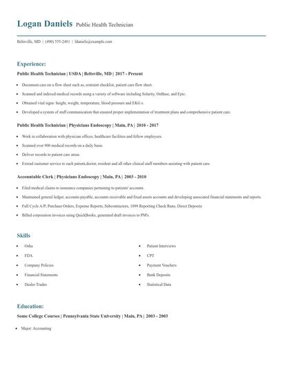 Public Health Technician Resume