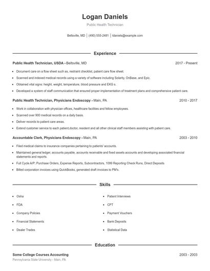 Public Health Technician Resume