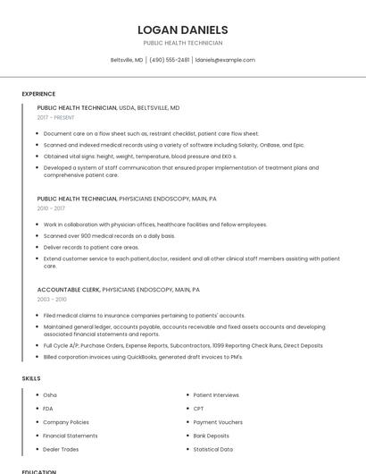 Public Health Technician Resume