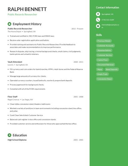 Public Records Researcher Resume
