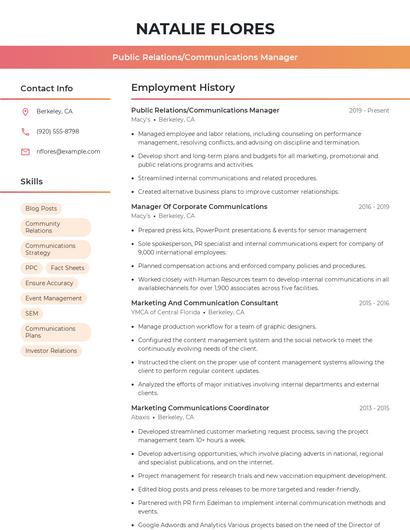 Public Relations/Communications Manager Resume