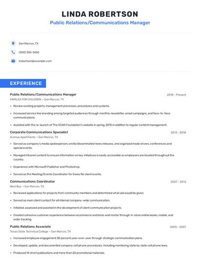 Public Relations/Communications Manager Resume