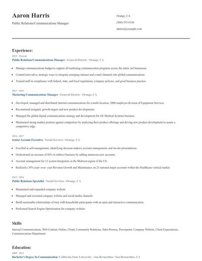 Public Relations/Communications Manager Resume