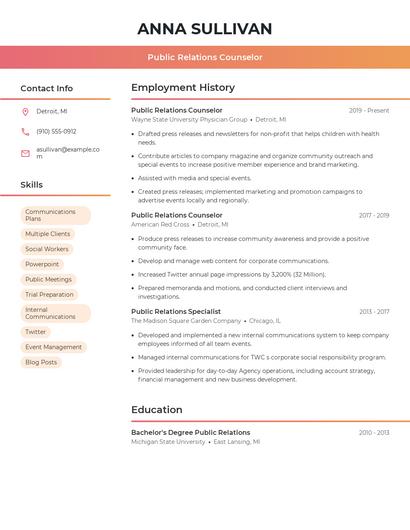 Public Relations Counselor Resume