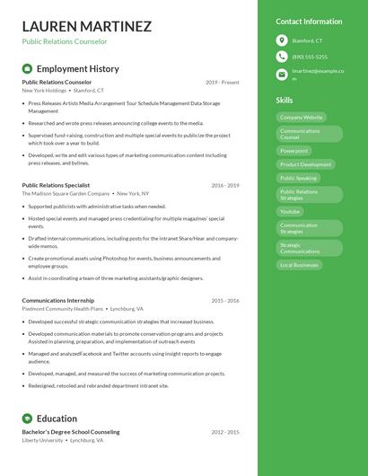 Public Relations Counselor Resume