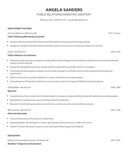 Public Relations/Marketing Assistant Resume