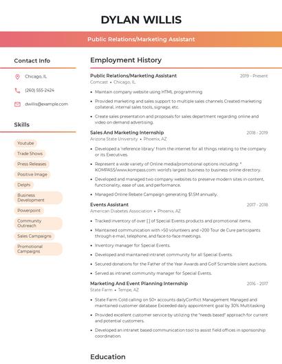 Public Relations/Marketing Assistant Resume