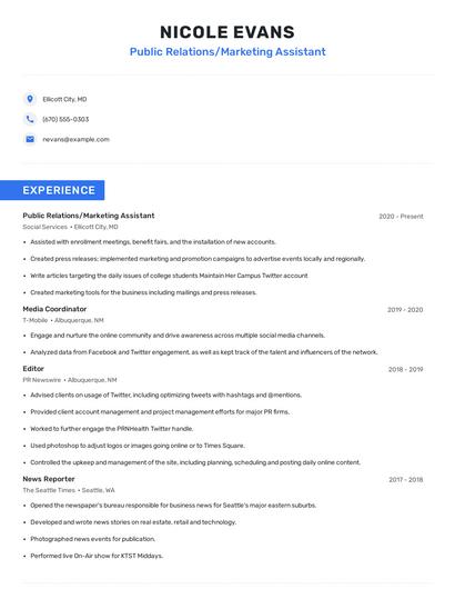 Public Relations/Marketing Assistant Resume