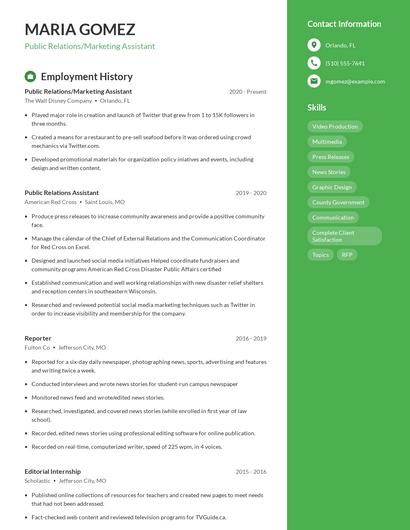 Public Relations/Marketing Assistant Resume