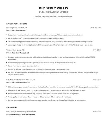 Public Relations Writer Resume