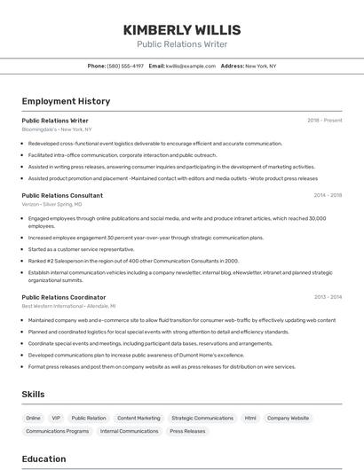 Public Relations Writer Resume