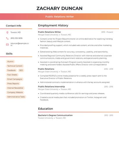 Public Relations Writer Resume