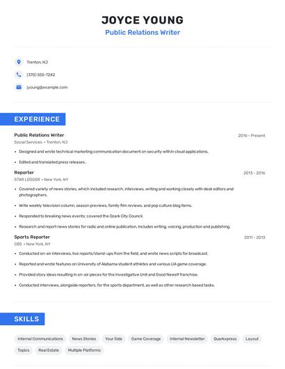 Public Relations Writer Resume