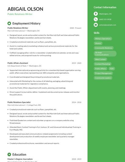 Public Relations Writer Resume