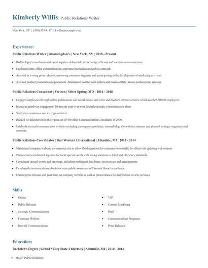 Public Relations Writer Resume