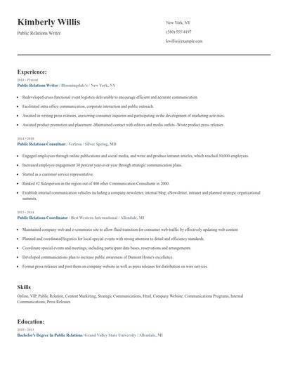 Public Relations Writer Resume