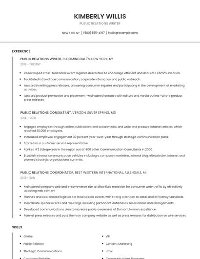 Public Relations Writer Resume
