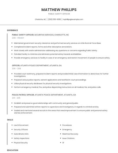 Public Safety Officer Resume