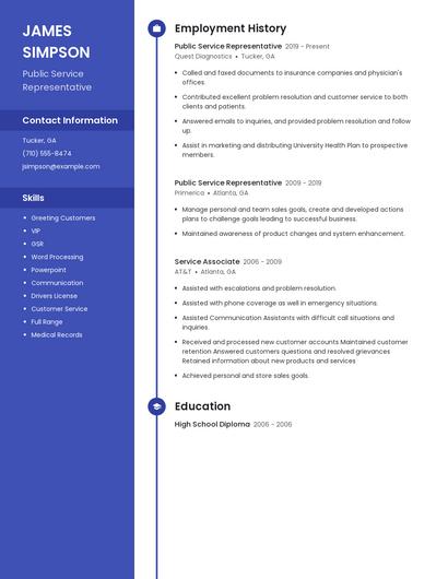 Public Service Representative Resume