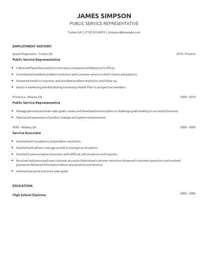 Public Service Representative Resume