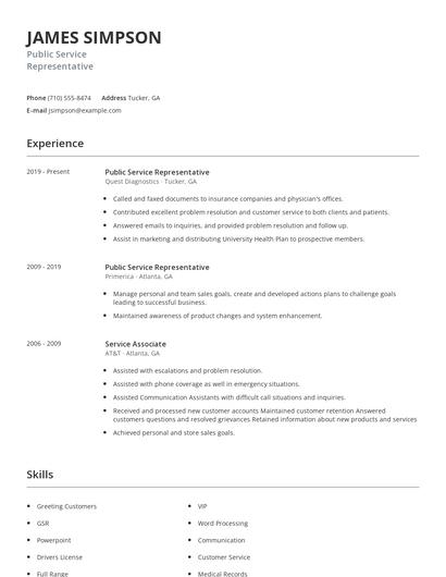 Public Service Representative Resume