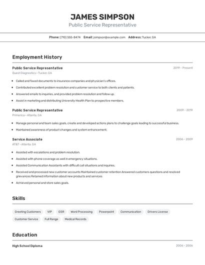 Public Service Representative Resume