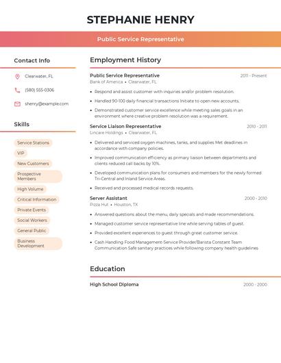 Public Service Representative Resume