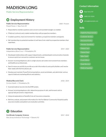 Public Service Representative Resume