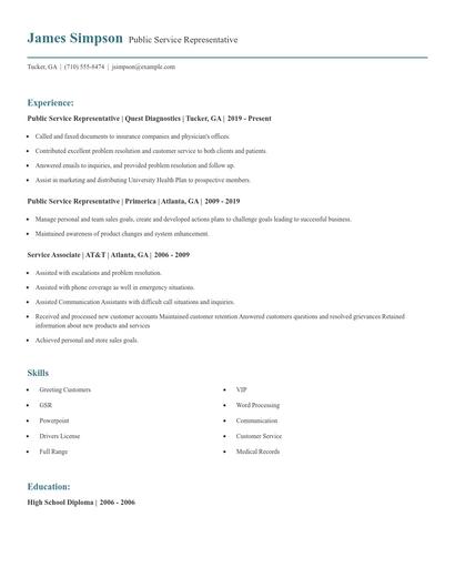 Public Service Representative Resume