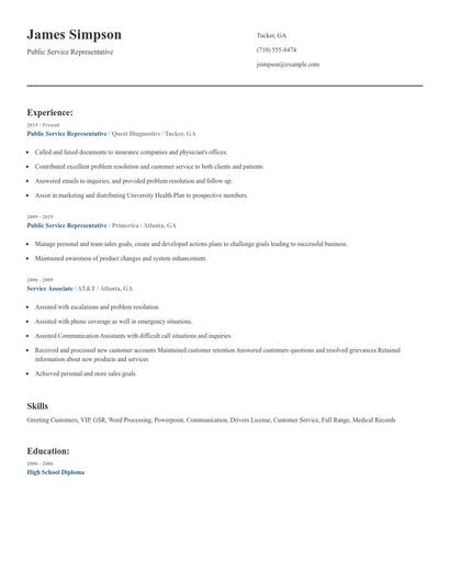 Public Service Representative Resume