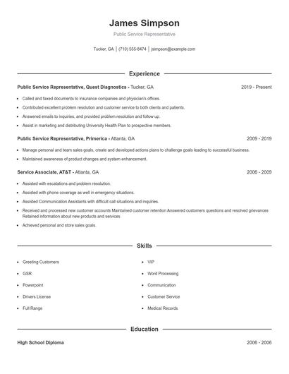 Public Service Representative Resume