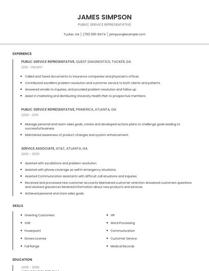 Public Service Representative Resume