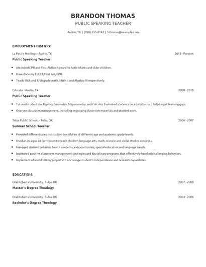 Public Speaking Teacher Resume