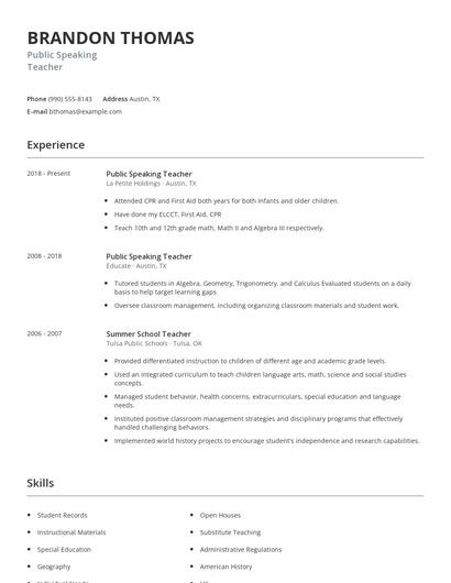 Public Speaking Teacher Resume