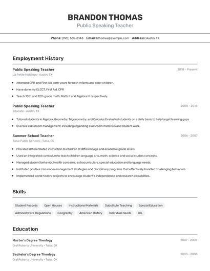 Public Speaking Teacher Resume