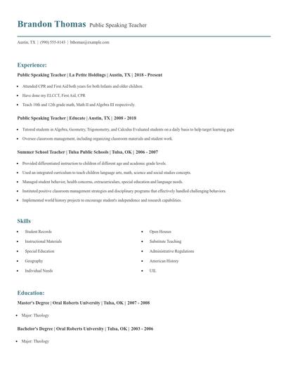 Public Speaking Teacher Resume