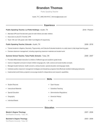 Public Speaking Teacher Resume