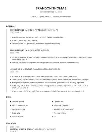 Public Speaking Teacher Resume