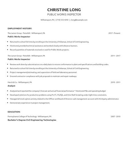 Public Works Inspector Resume