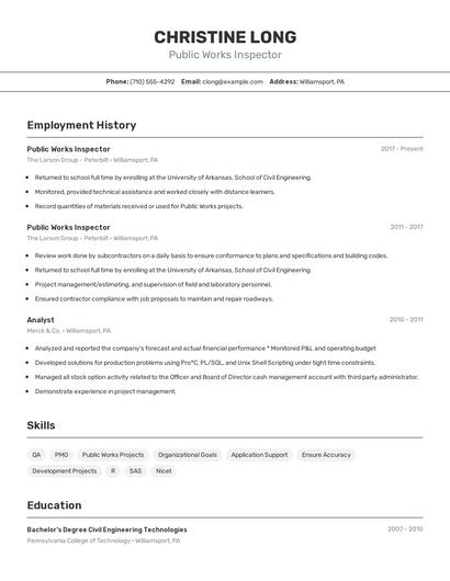 Public Works Inspector Resume