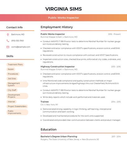 Public Works Inspector Resume