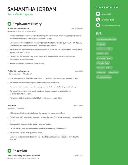 Public Works Inspector Resume