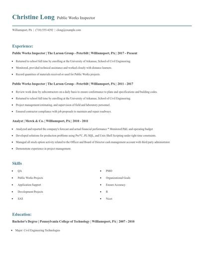 Public Works Inspector Resume