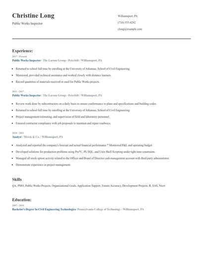 Public Works Inspector Resume