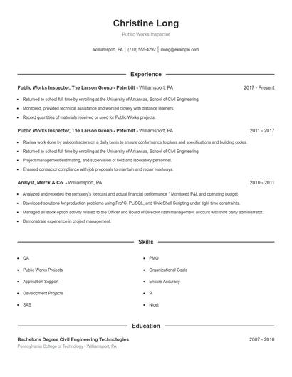 Public Works Inspector Resume